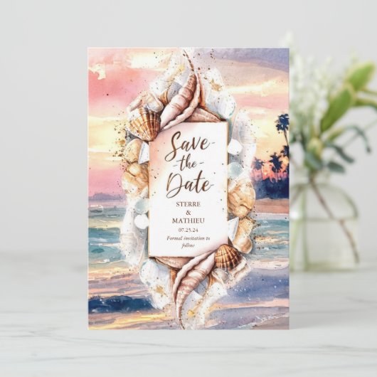 Formele Zonszon Strand Bruiloft Save The Date (Staand voorkant)