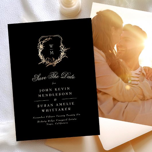 Formele Zwart & Cream Monogram Gouden Crest Foto Save The Date