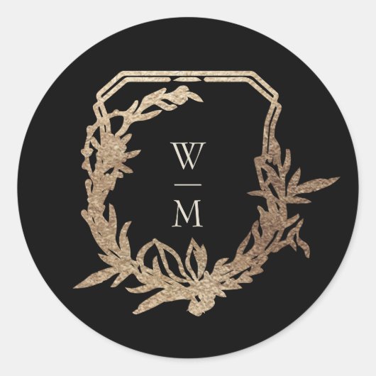 Formele Zwart & Crème Monogram Gouden Krans Bruilo Ronde Sticker (Voorkant)