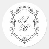 Formele Zwart & Wit Bloemen Monogram Crest Bruilof Ronde Sticker (Voorkant)