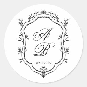 Formele Zwart & Wit Bloemen Monogram Crest Bruilof Ronde Sticker