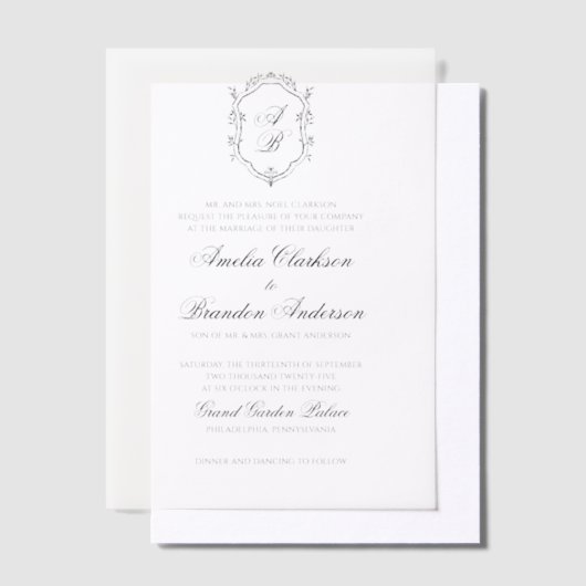 Formele Zwart & Wit Bloemen Monogram Crest Bruilof Vellum Uitnodigingen (Offset)