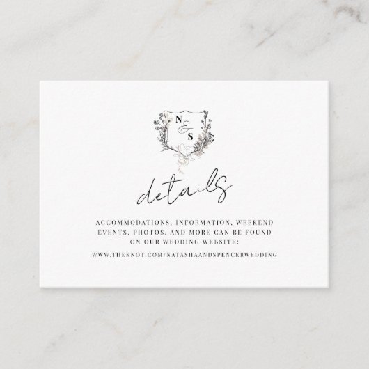 Formele zwart/wit Bloemkam Monogram Huwelijk Informatiekaartje (Voorkant)