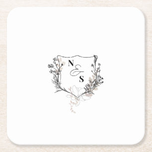 Formele zwart/wit Bloemkam Monogram Huwelijk Vierkante Kartonnen Onderzetter