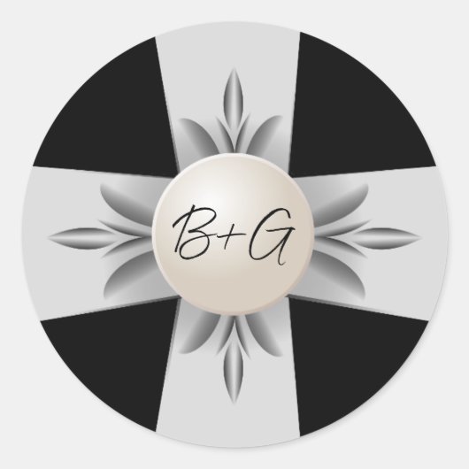 Formele Zwart & Wit Monogram Parel Lint Bruiloft Ronde Sticker (Voorkant)