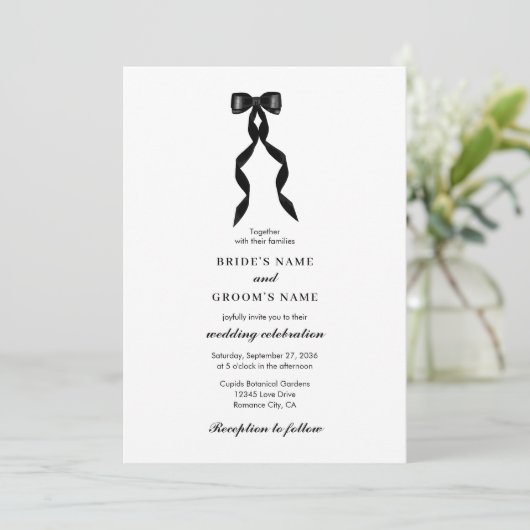 Formele zwarte boog lint elegante bruiloft kaart (Staand voorkant)