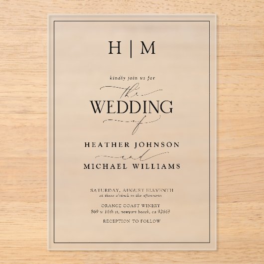 Formele zwarte witte monogram kalligrafie bruiloft acryl uitnodigingen (Voorkant)