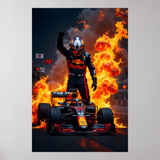 Formula One Racing Champion Celebration with Fire Poster (Voorkant)