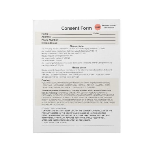 Formulaire de consentement du salon spa bloc-notes (Tourné)