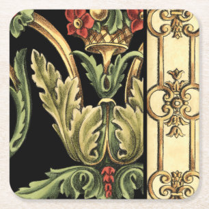 Fornamental Floral Design with Black Borders Vierkante Kartonnen Onderzetter