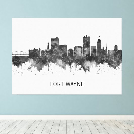 Fort Wayne Indiana Skyline BW Canvas Afdruk (Insitu (Houten vloer))