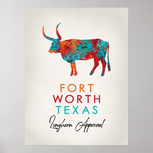Fort Worth Texas Colorful Longhorn Poster (Voorkant)