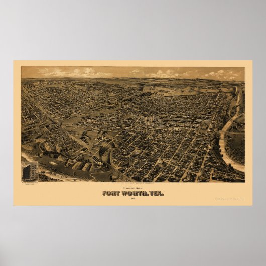 Fort Worth, TX Panoramic Map - 1891 Poster (Voorkant)
