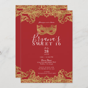 Fortune Red & Gold Lace Masquerade Sweet 16 Party Kaart