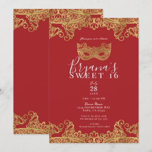 Fortune Red & Goud Lint Maskerade Sweet 16 Feest Kaart