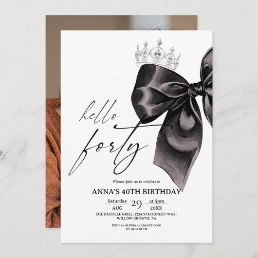 Forty Black Bow 40th Birthday Invitation (Devant / Derrière)