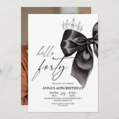 Forty Black Bow 40th Birthday Invitation Kaart (Voorkant / Achterkant)