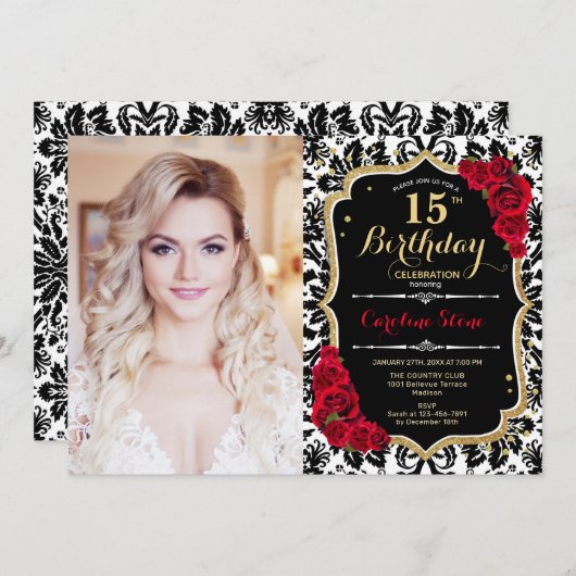 Foto 15e Verjaardagsfeest Rood Goud Zwart Damask Kaart (Voorkant / Achterkant)
