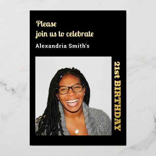Foto 21st Birthday Black Gold Foil Invitation Folie Uitnodiging (Voorkant)