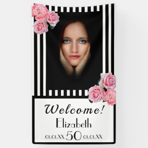 Foto 50e verjaardag zwarte witte strepen florals spandoek