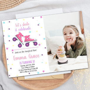 Foto 5e roze Paarse schaatsen verjaardagsuitnodigi Kaart