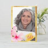 Foto 60e verjaardag roze bloemwit kaart (Staand voorkant)