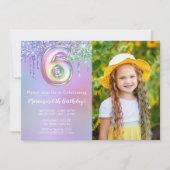 Foto 6e Paarse Roze Glitter Verjaardagsfeest Kaart (Voorkant)