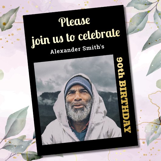 Foto 90th Birthday Black Gold Folie Uitnodiging