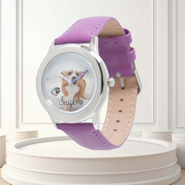 Foto Aangepaste Dog Cat Pet Name Monogram Horloge (Creator heeft geüpload)