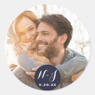 Foto Afbeelding Navy Blauwe Moderne Trouwgunst Ronde Sticker