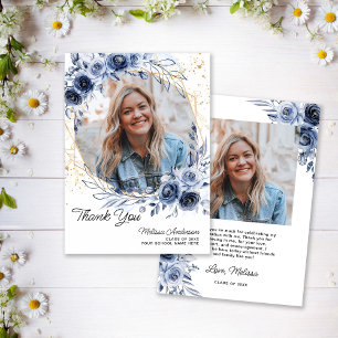 Foto afgestudeerd Navy Blauwe Bloemen Dank je Bedankkaart