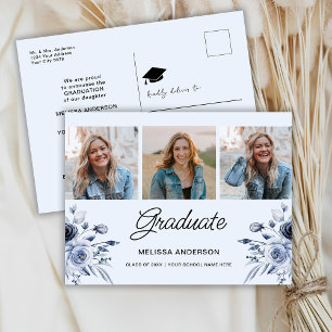Foto Afstudeer Marine Blauwe Bloemen Aankondiging Briefkaart