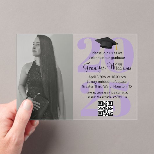 Foto afstuderen 2025 Party QR Code paarse script Acryl Uitnodigingen (Insitu (Draagbaar))