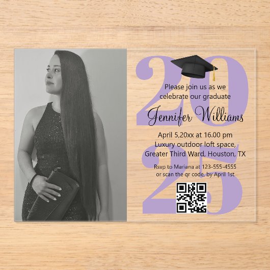 Foto afstuderen 2025 Party QR Code paarse script Acryl Uitnodigingen (Voorkant)