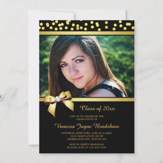 Foto Afstuderen Faux Gold Bow Confetti Black Kaart (Voorkant)