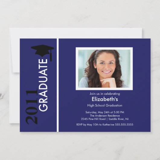 Foto Afstuderen Invitation Classy Blue & Black Kaart (Voorkant)