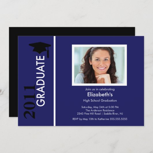 Foto Afstuderen Invitation Classy Blue & Black Kaart (Voorkant / Achterkant)