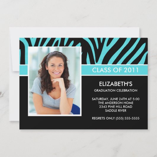 Foto Afstuderen Invitation Trendy Turquoise Zebra Kaart (Voorkant)