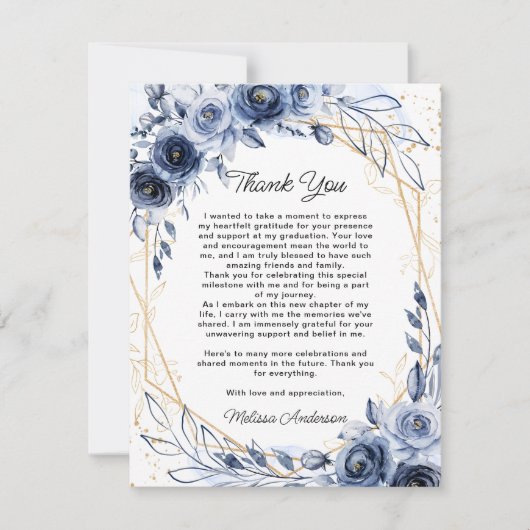 Foto Afstuderen marineblauwe bloemen Dank u Bedankkaart (Voorkant)