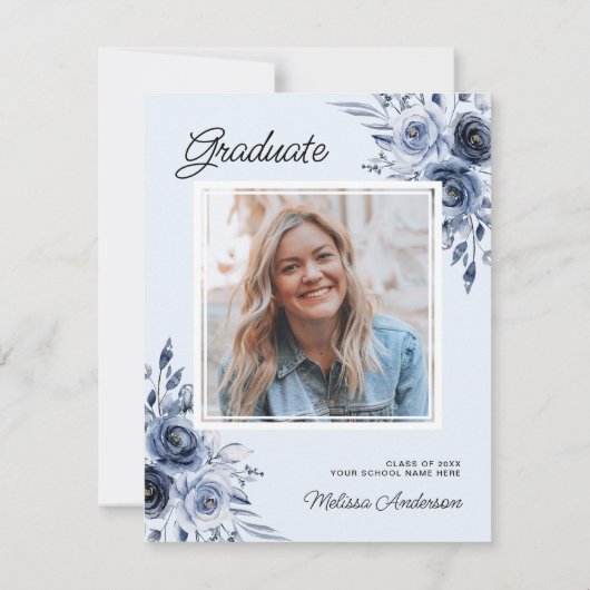 Foto Afstuderen marineblauwe bloemen Dank u Bedankkaart (Achterkant)