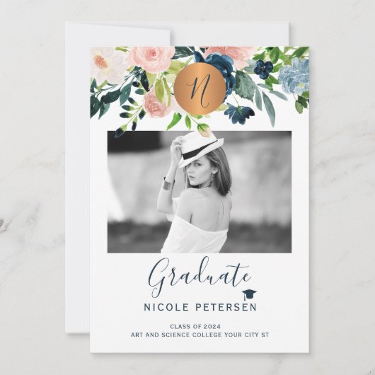 Foto afstuderen met modern elegant floral gold aankondiging (Voorkant)