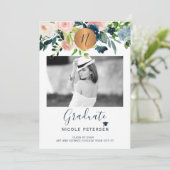 Foto afstuderen met modern elegant floral gold aankondiging (Staand voorkant)