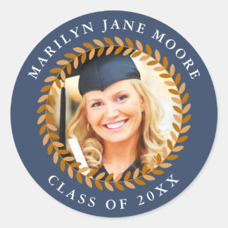 Foto Afstuderen Sticker Laurel Wreath Navy Round