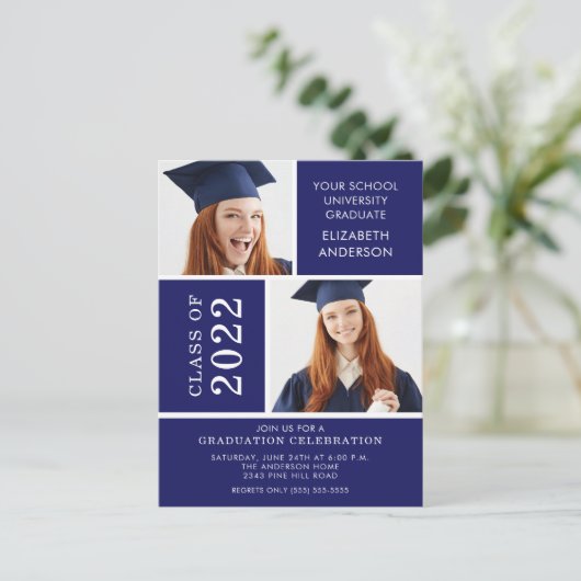 Foto Afstuderen-uitnodiging ~Classy Blue & White Briefkaart (Staand voorkant)