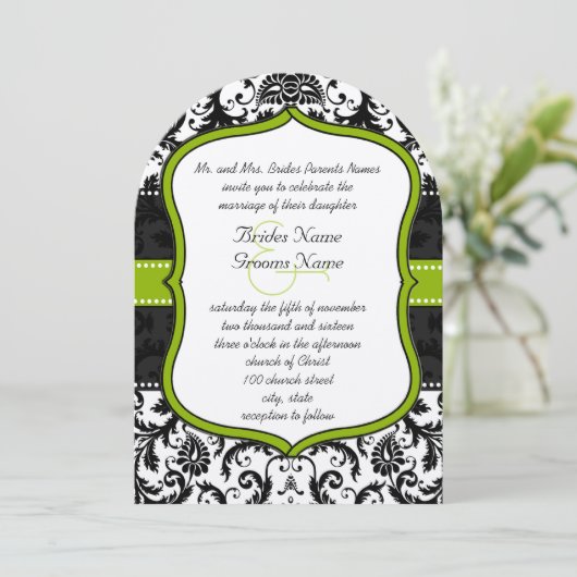 Foto Apple Green Black Damask Wedding Kaart (Staand voorkant)