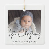 Foto Baby's Eerste Kerst Grijs Script Keramisch Ornament (Achterkant)