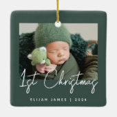 Foto Baby's Eerste Kerst Groen Wit Keramisch Ornament (Achterkant)