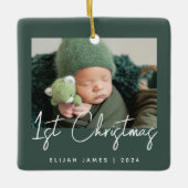 Foto Baby's Eerste Kerst Groen Wit Keramisch Ornament (Voorkant)