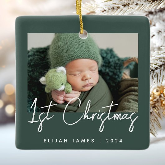 Foto Baby's Eerste Kerst Groen Wit Keramisch Ornament