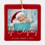 Foto Baby's Eerste Kerst Rood Wit Script Keramisch Ornament (Voorkant)